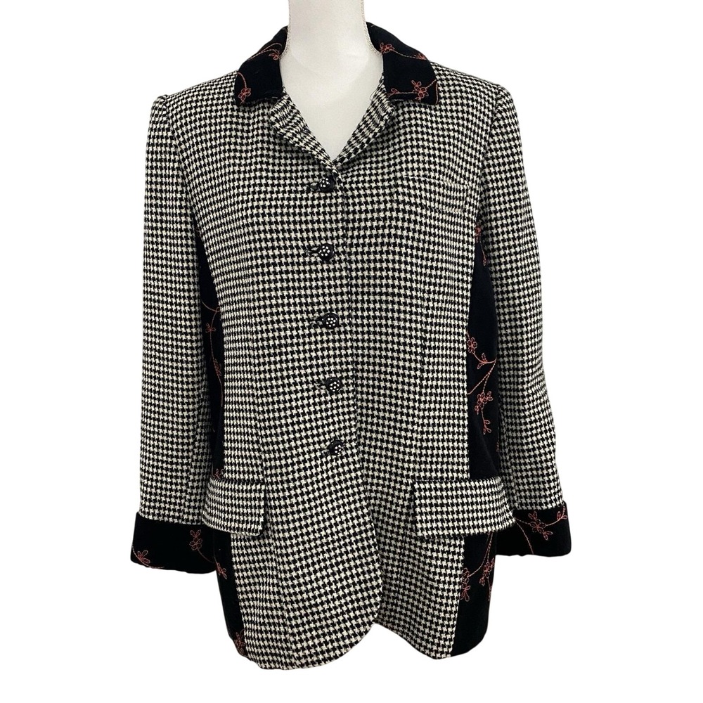 Vintage Paola Quadretti 100% Wool Black/White Houndstooth and Velvet Blazer